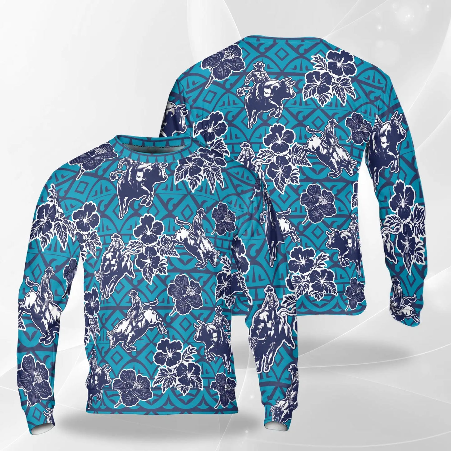 Bull Riding Blue Pattern Sweatshirt, 3D All Over Print Western Rodeo Crewneck Pullover for Men Women, Bull Rider Gift - Netecom