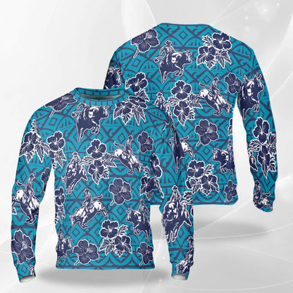 Bull Riding Blue Pattern Sweatshirt, 3D All Over Print Western Rodeo Crewneck Pullover for Men Women, Bull Rider Gift - Netecom