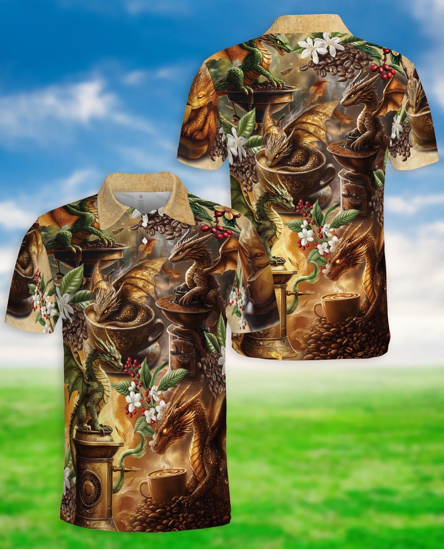 Dragon Coffee 3D Polo Shirt for Men – Fantasy Espresso Art Style | Netecom