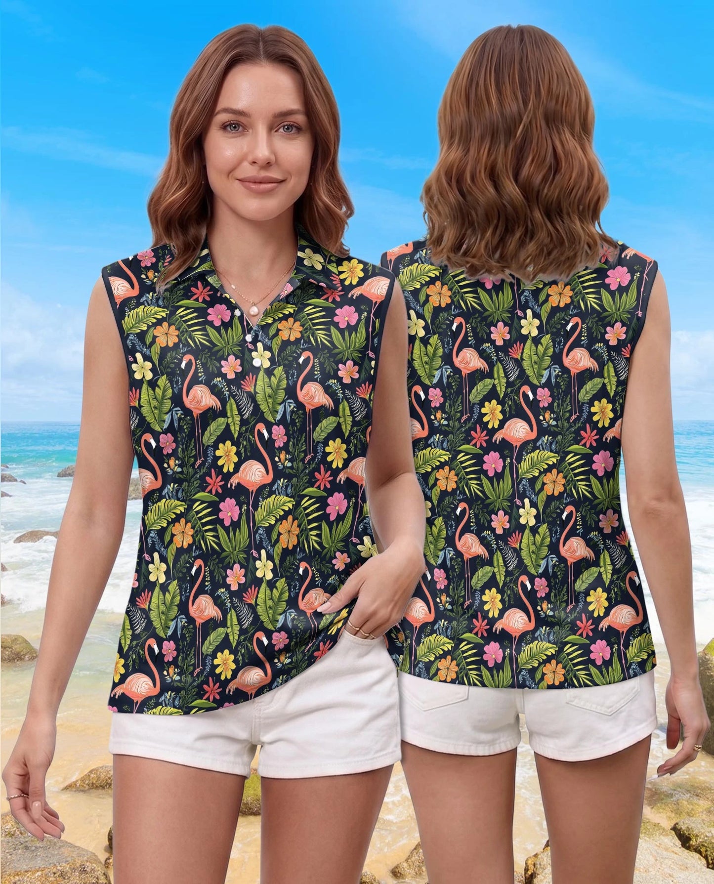Flamingo Hibiscus Tropical Sleeveless Polo Shirt for Women | Netecom
