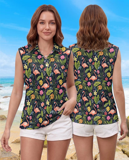 Flamingo Hibiscus Tropical Sleeveless Polo Shirt for Women | Netecom