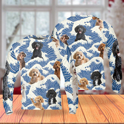 Great Wave Poodle Sweatshirt, 3D All Over Print Japanese Art Dog Crewneck Pullover for Men Women, Poodle Lover Gift - Netecom