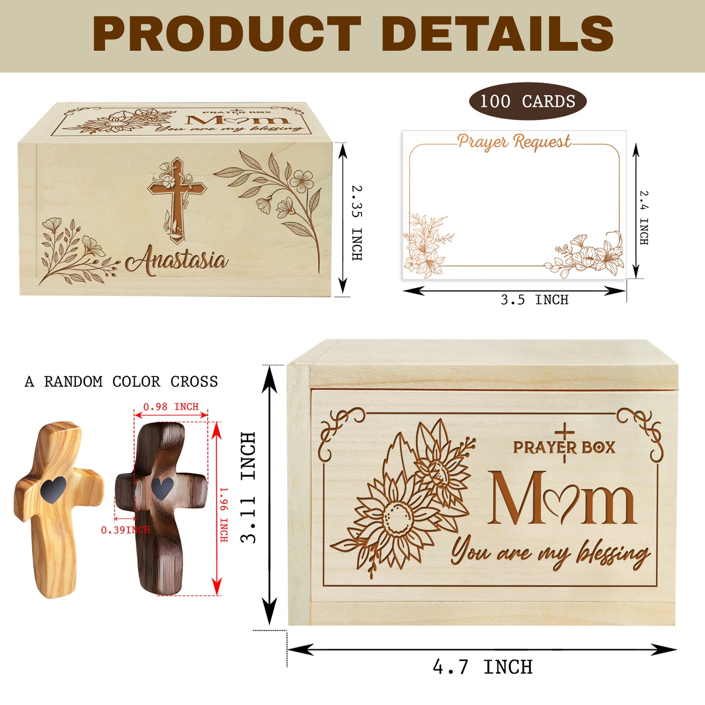 Netecom Personalized Mom Prayer Box with Custom Name on Box & Cross, Wooden Christian Prayer Box with 100 Prayer Request Cards, Faith Gift for Mother