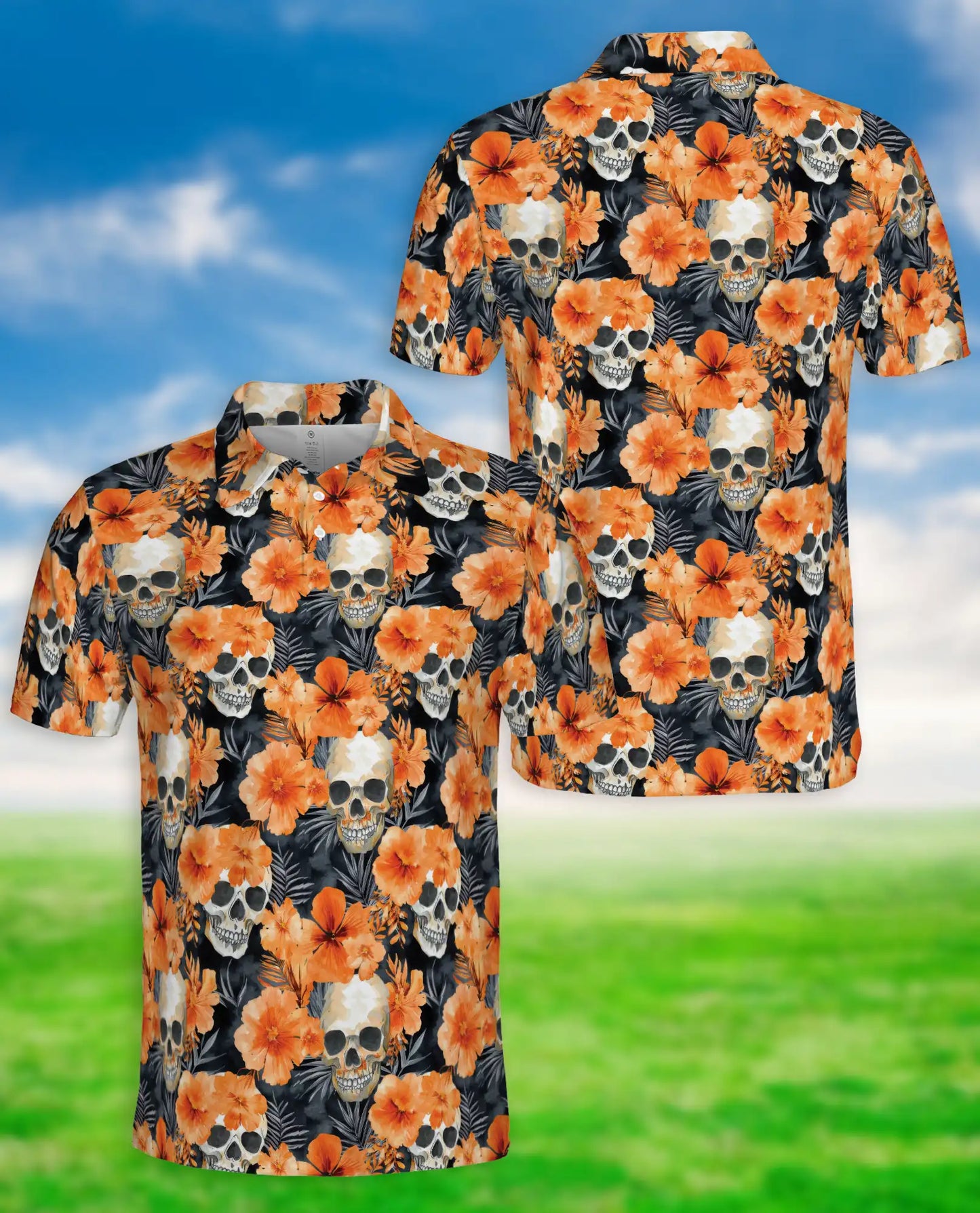 Skull Floral Polo Shirt – Orange Hibiscus Print | Netecom