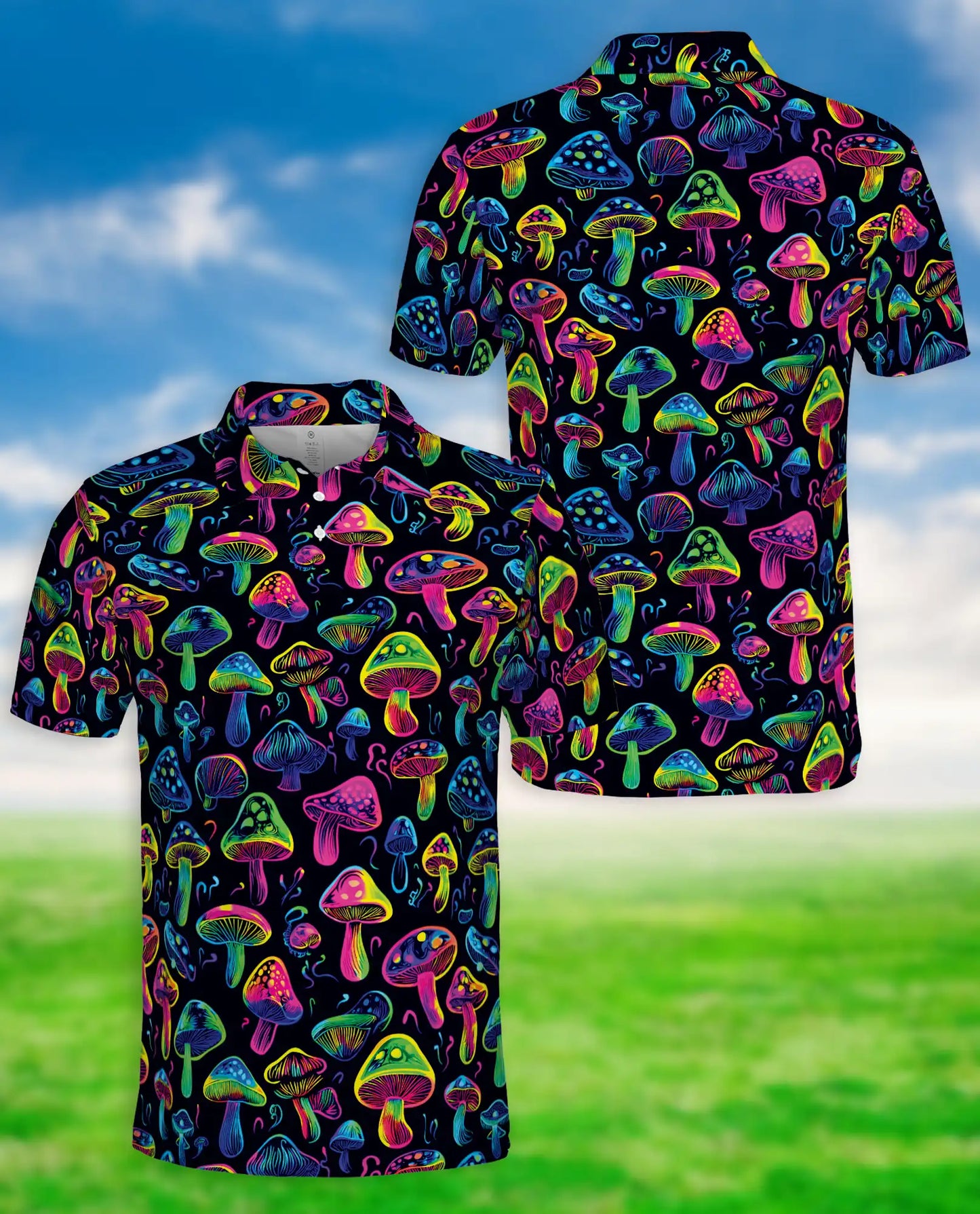Neon Mushroom Pattern Hawaiian Polo Shirt | Netecom