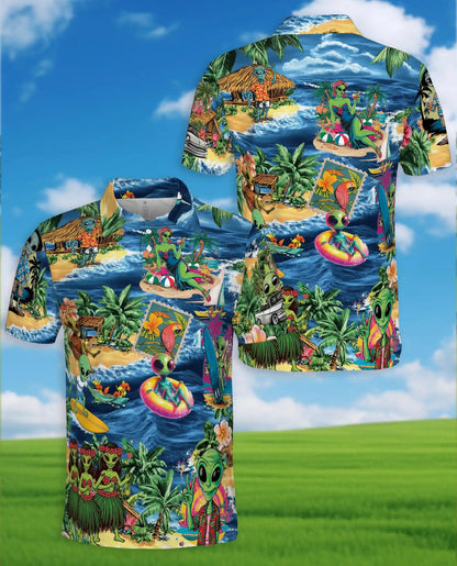 Alien Beach Hawaiian Polo Shirt - Funny UFO Tropical Surfing Design | Netecom