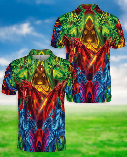 Colorful Dragon 3D Polo Shirt for Men – Fantasy Fire Art Style | Netecom