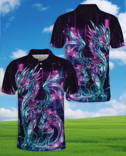 Cyber Dragon Polo Shirt for Men - Neon Fantasy Art | Netecom