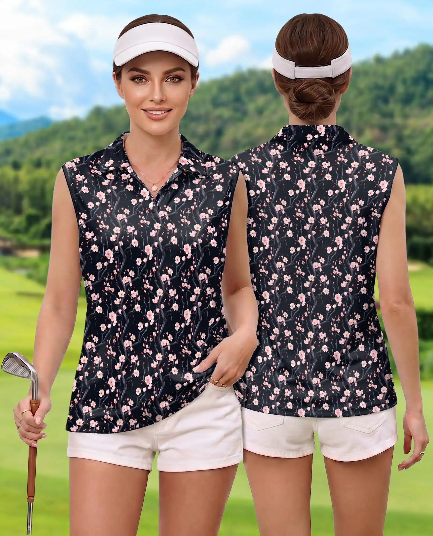 Cherry Blossom Branches Pattern Sleeveless Polo Shirt for Women | Netecom