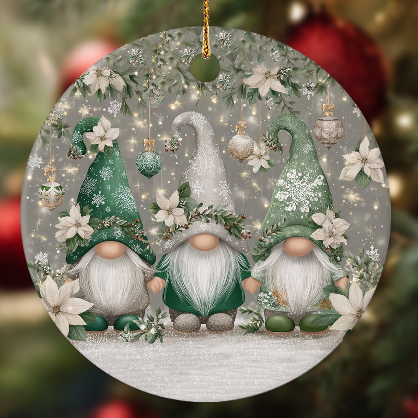 Netecom Cute Siver Gnome Floral Christmas Ornament, Adorable Scandinavian Tomte Ceramic Ornament for Christmas Tree Hanging Decorations Gift, Gnome Lover Gifts, Holiday Party Present