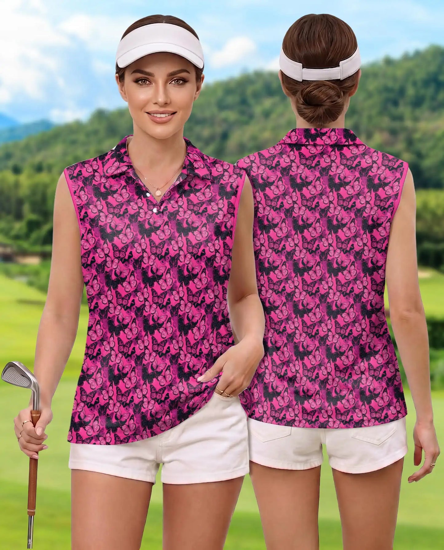 Pink Butterfly Print Sleeveless Polo Shirt for Women | Netecom