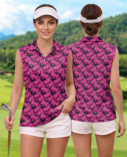 Pink Butterfly Print Sleeveless Polo Shirt for Women | Netecom