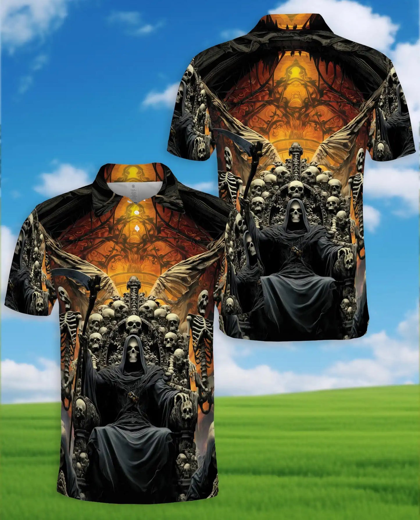 Grim Reaper Skull Polo Shirt for Men – Gothic Skeleton Throne | Netecom