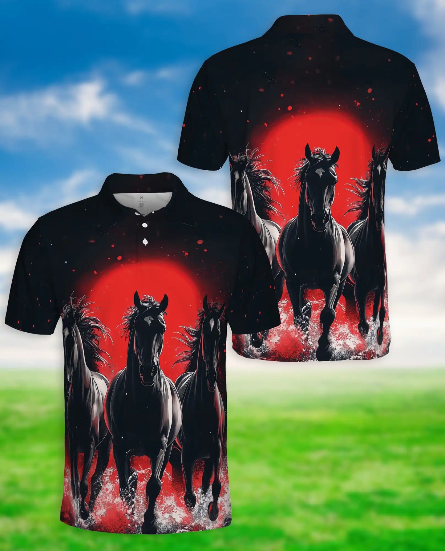 Black Running Horses Polo Shirt - Wild Stallion Midnight Style | Netecom