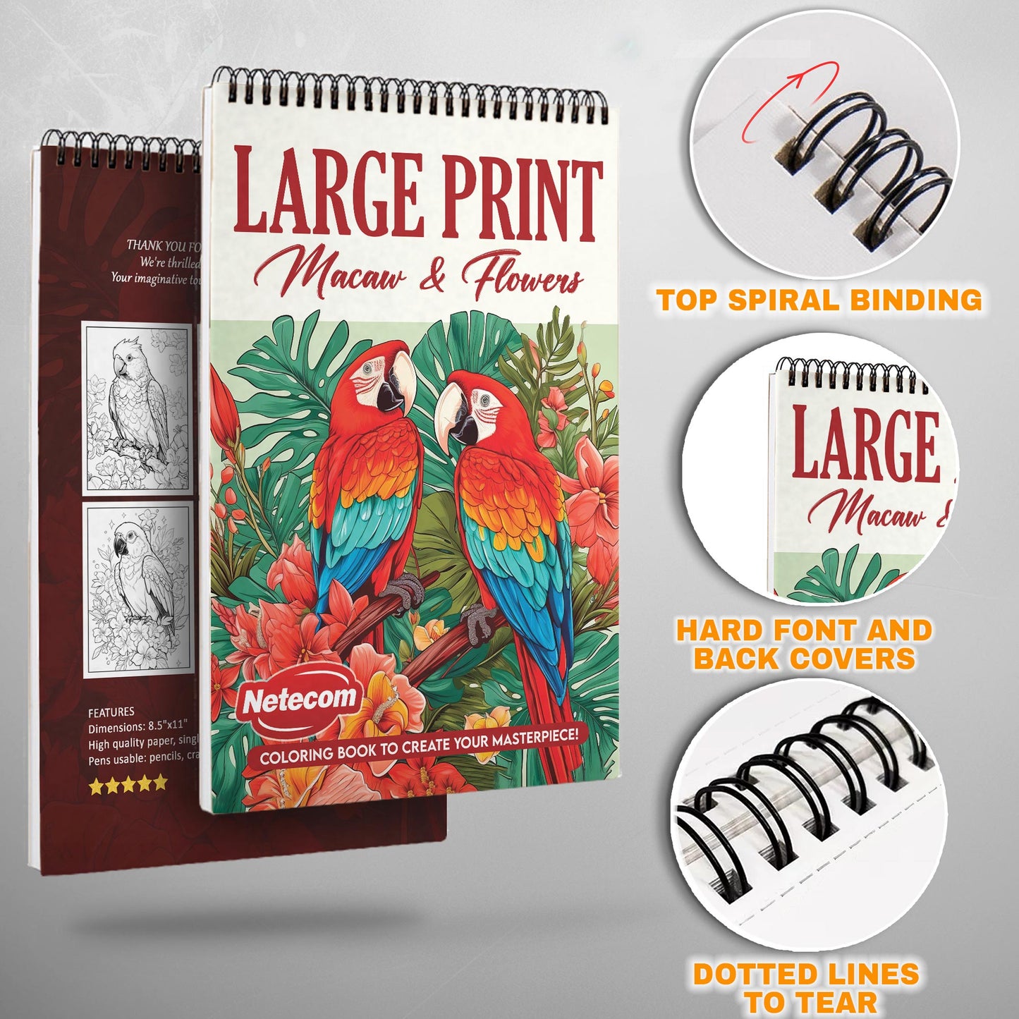 Large Print Macaw and Flowers Spiral Bound Coloring Book, Vivid Macaws and Flowers in Large Print, Perfect for Relaxation and Nature Lovers Seeking Vibrant Art