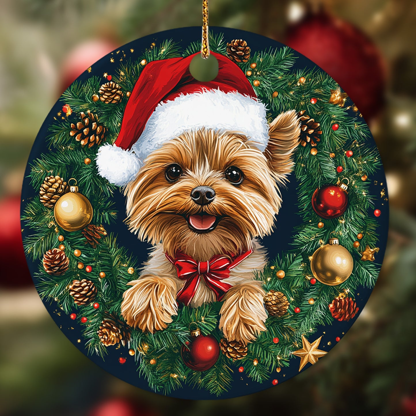 Netecom Cute Yorkshire Terrier Christmas Ornament, Yorkie Puppy Ceramic Ornament for Christmas Tree Hanging Decorations Gift, Dog Lover Gifts, Holiday Party Present