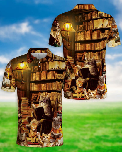 Cat Library Polo Shirt – Cozy Reading Room Print | Netecom