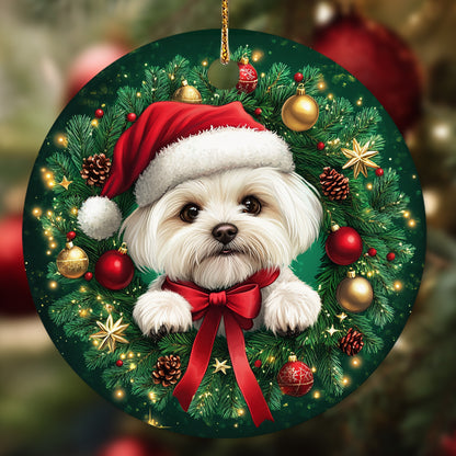 Netecom Cute Maltese Christmas Ornament, Dog Santa Hat Ceramic Ornament for Xmas Tree Hanging Decorations Gift, Puppy Lover Gifts, Home Decor, Holiday Party Present