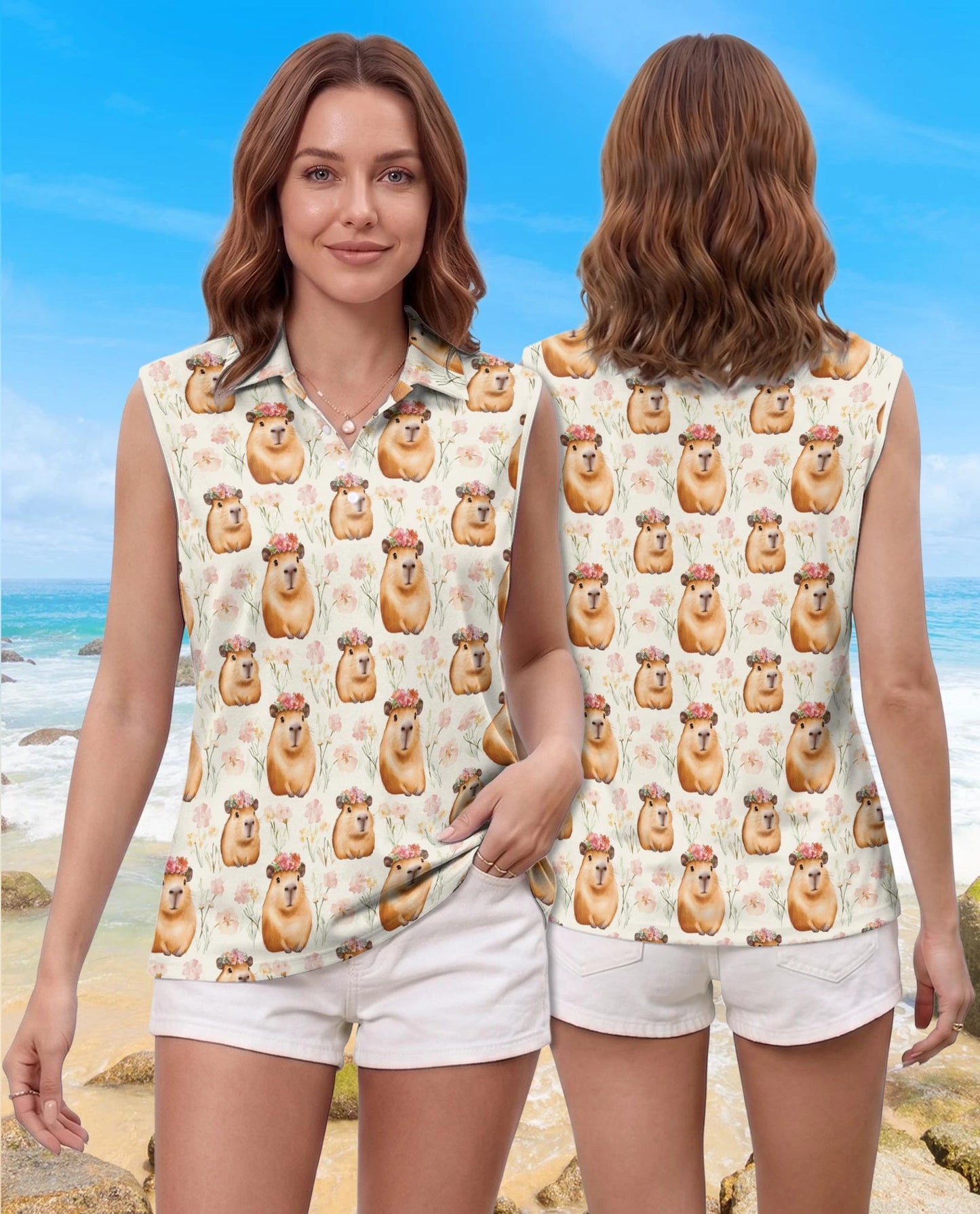 Capybara Flower Crown Sleeveless Polo Shirt for Women | Netecom