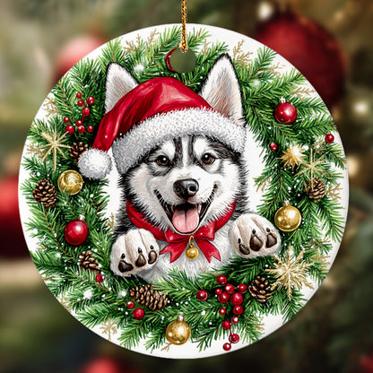 Netecom Funny Siberian Husky in Santa Hat Christmas Ornament, Puppy Ceramic Ornament for Xmas Tree Hanging Decorations Gift, Dog Lover Gifts, Holiday Party Present