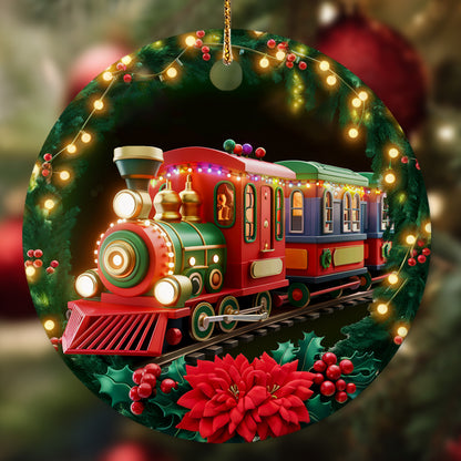 Netecom Funny Locomotive Christmas Ornament, Train Wreath Ceramic Ornament for Xmas Tree Hanging Decorations Gift, Train Lover Gifts, Home Decor, Holiday Party Present