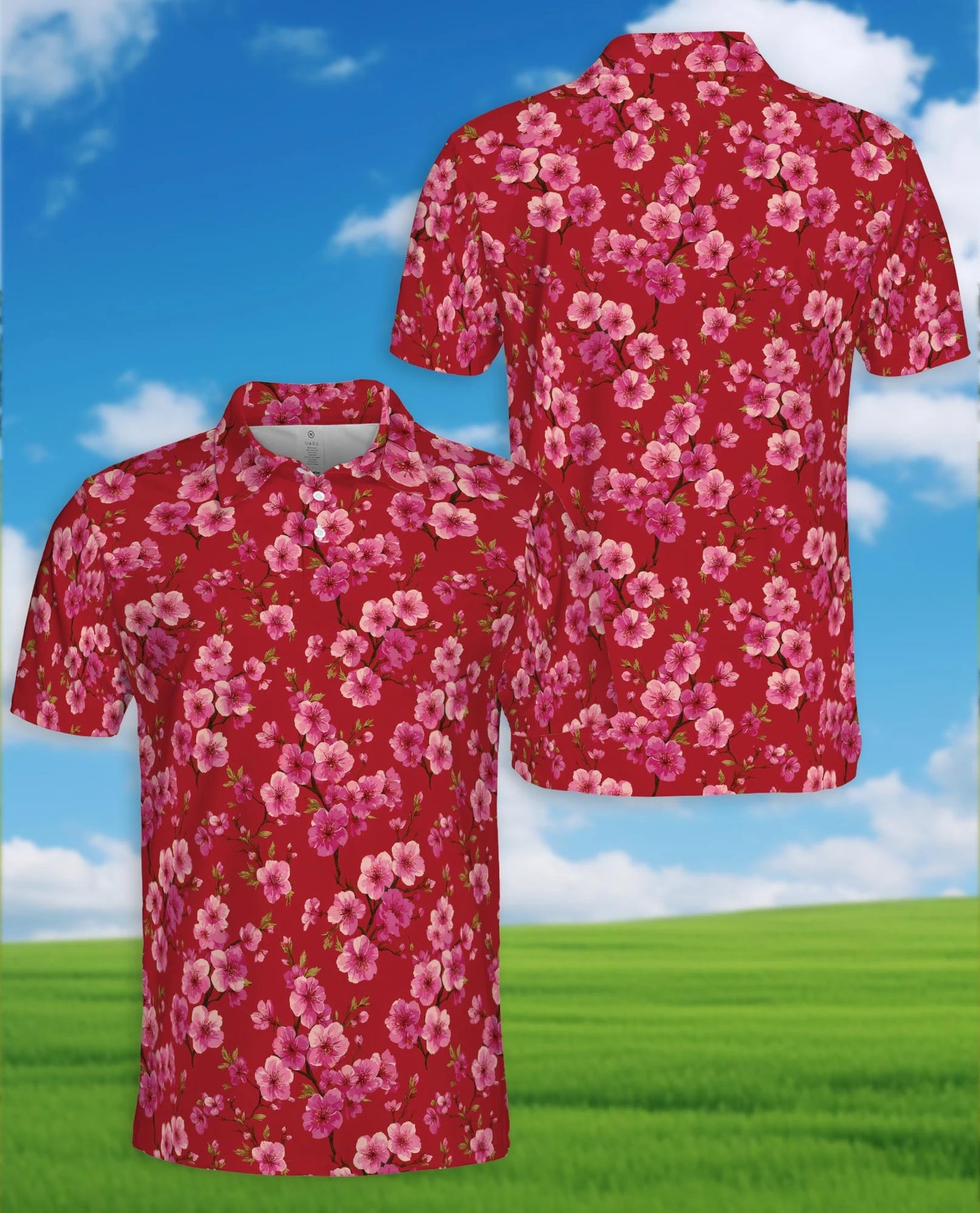 Red Cherry Blossom Polo Shirt for Men – Japanese Sakura Floral Style | Netecom