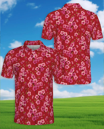 Red Cherry Blossom Polo Shirt for Men – Japanese Sakura Floral Style | Netecom