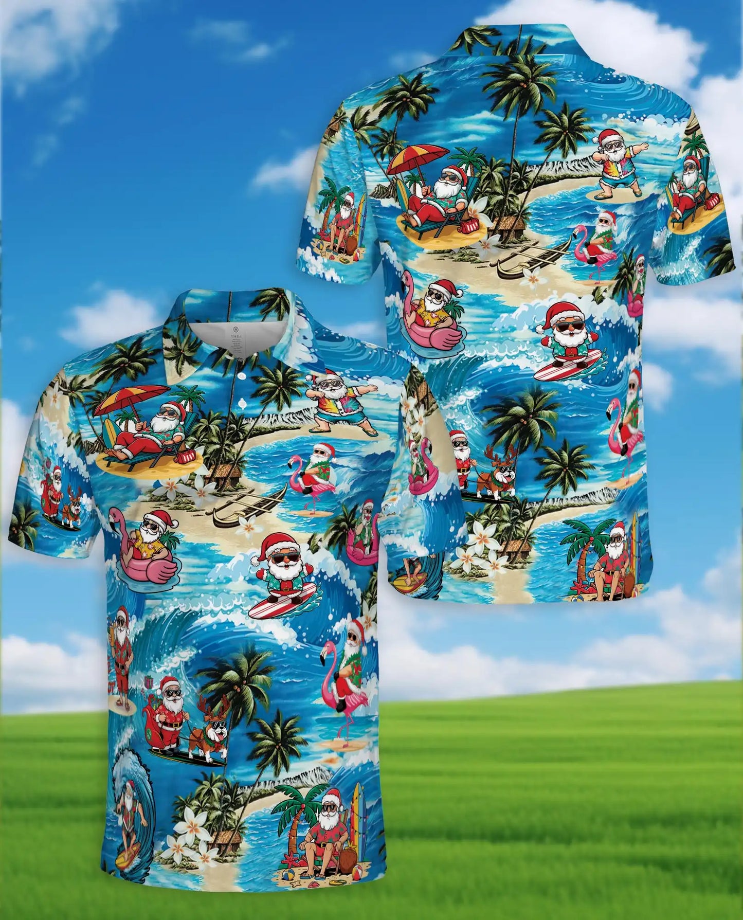 Tropical Santa Beach Christmas Polo Shirt for Men-Surfing Santa Hawaiian | Netecom