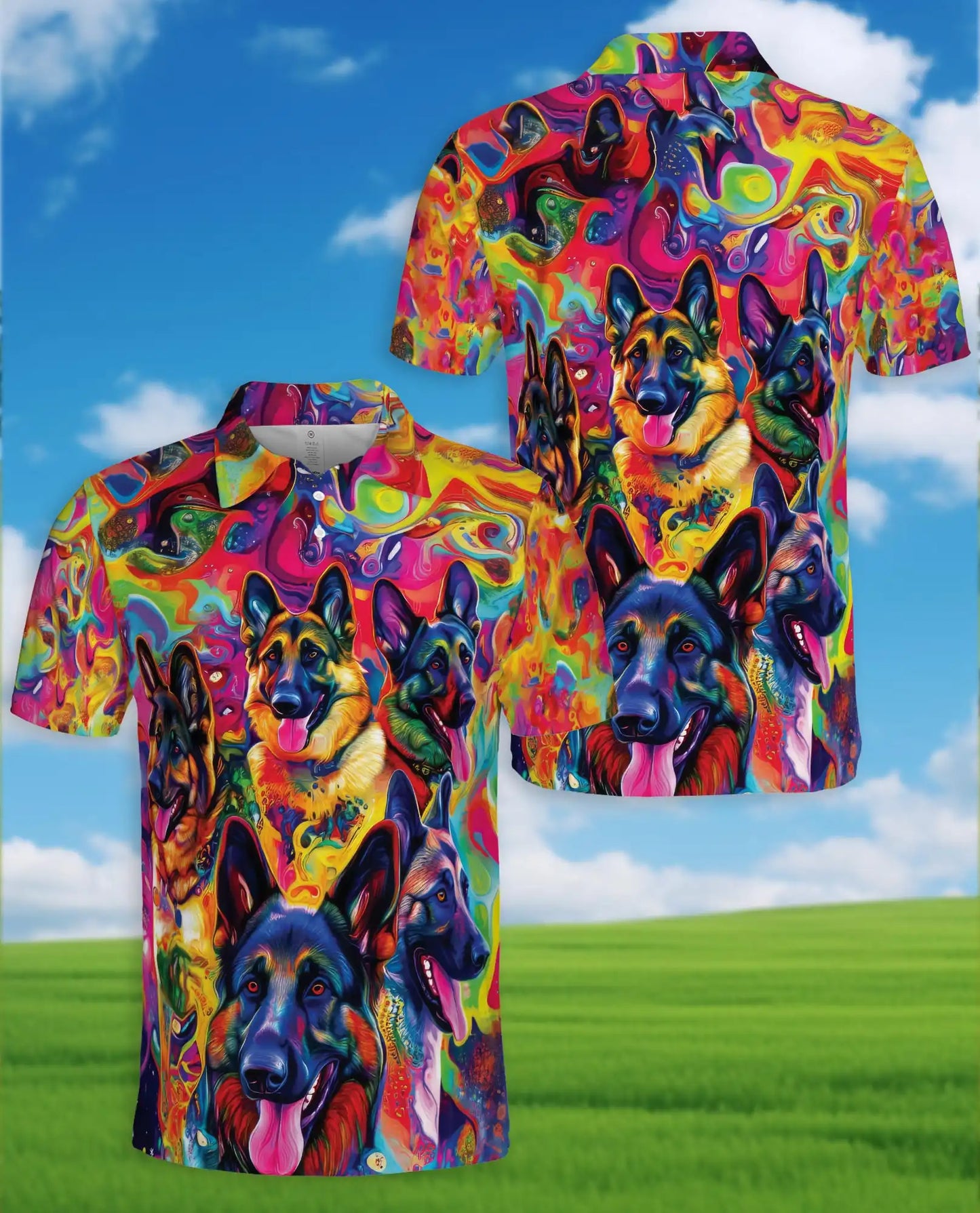 Psychedelic German Shepherd 3D Polo Shirt for Men – Colorful Dog Lover Art Style | Netecom
