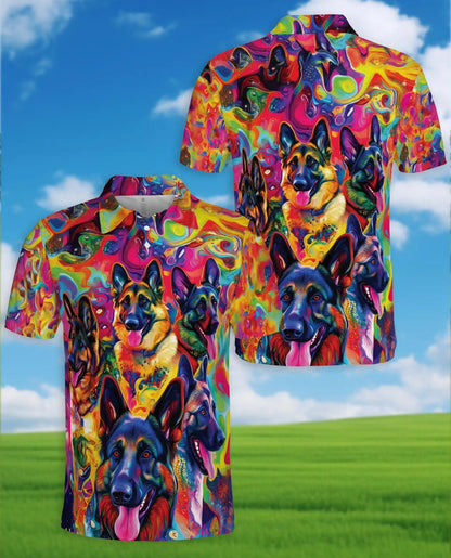 Psychedelic German Shepherd 3D Polo Shirt for Men – Colorful Dog Lover Art Style | Netecom