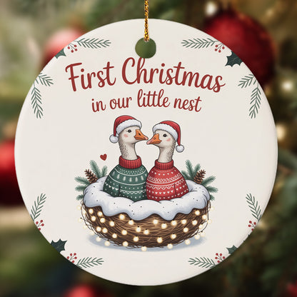 Netecom Funny Goose Ornament for Couple, First Christmas in Our Little Nest Ceramic Ornament for Christmas Tree Hanging Decorations Gift, Valentine Ducks Geese Gifts for Girlfriend Birthday