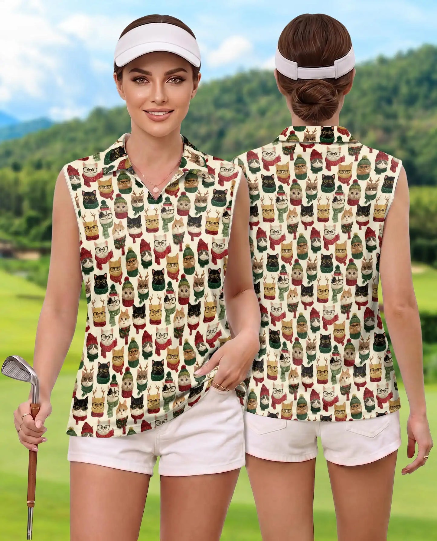 Christmas Cat Pattern Sleeveless Polo Shirt for Women | Netecom