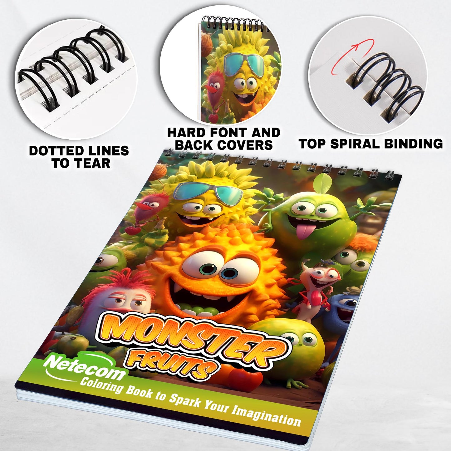 Monster Fruits Spiral Bound Coloring Book, Discover 30 Captivating Coloring Pages, Bringing Together Monsters and Fruits in Whimsical Artwork