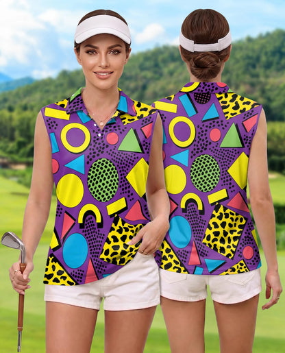 Retro Abstract Shapes Pattern Sleeveless Polo Shirt for Women | Netecom