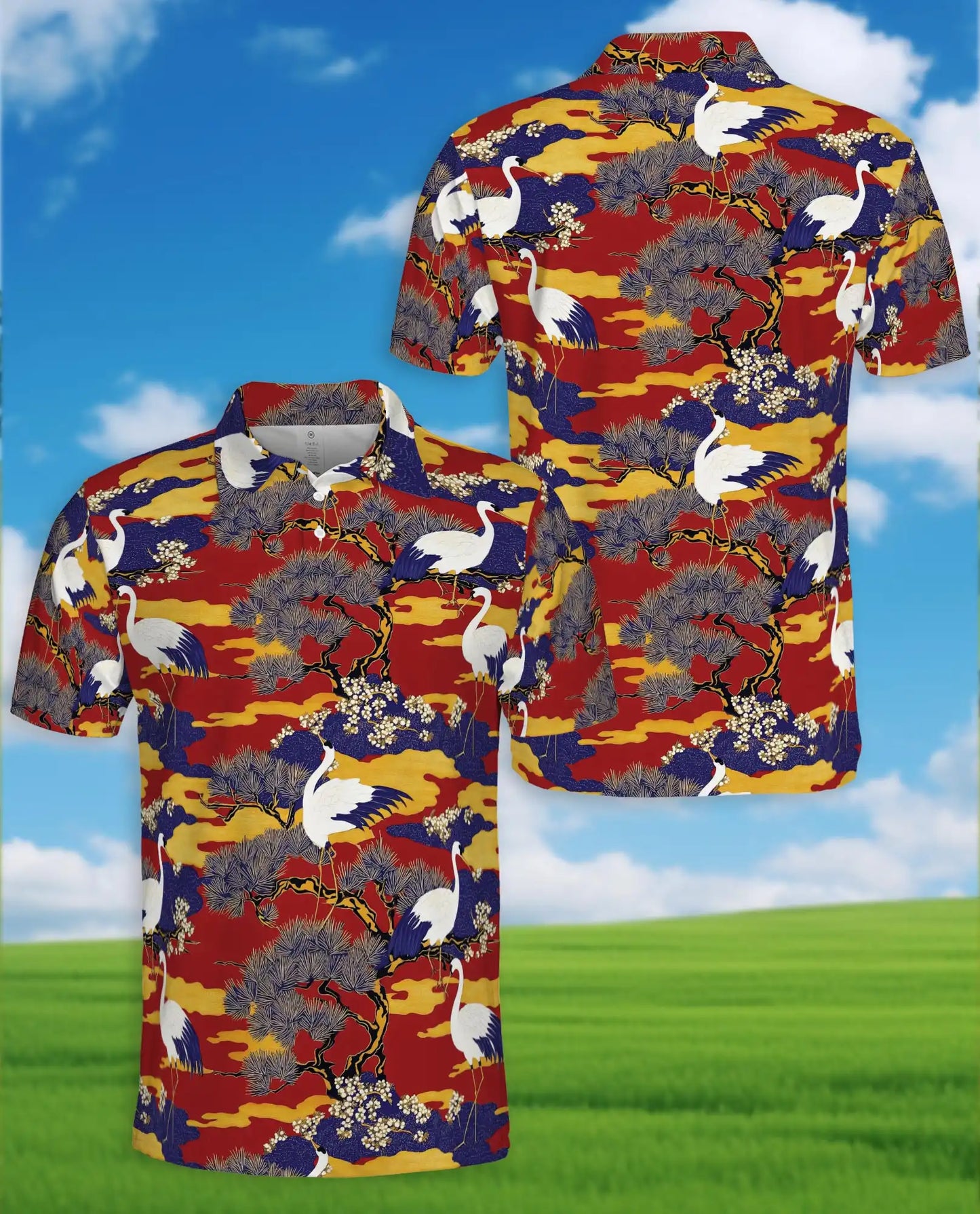 Crane Bird Polo Shirt for Men – Japanese Garden Style | Netecom