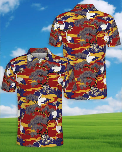 Crane Bird Polo Shirt for Men – Japanese Garden Style | Netecom