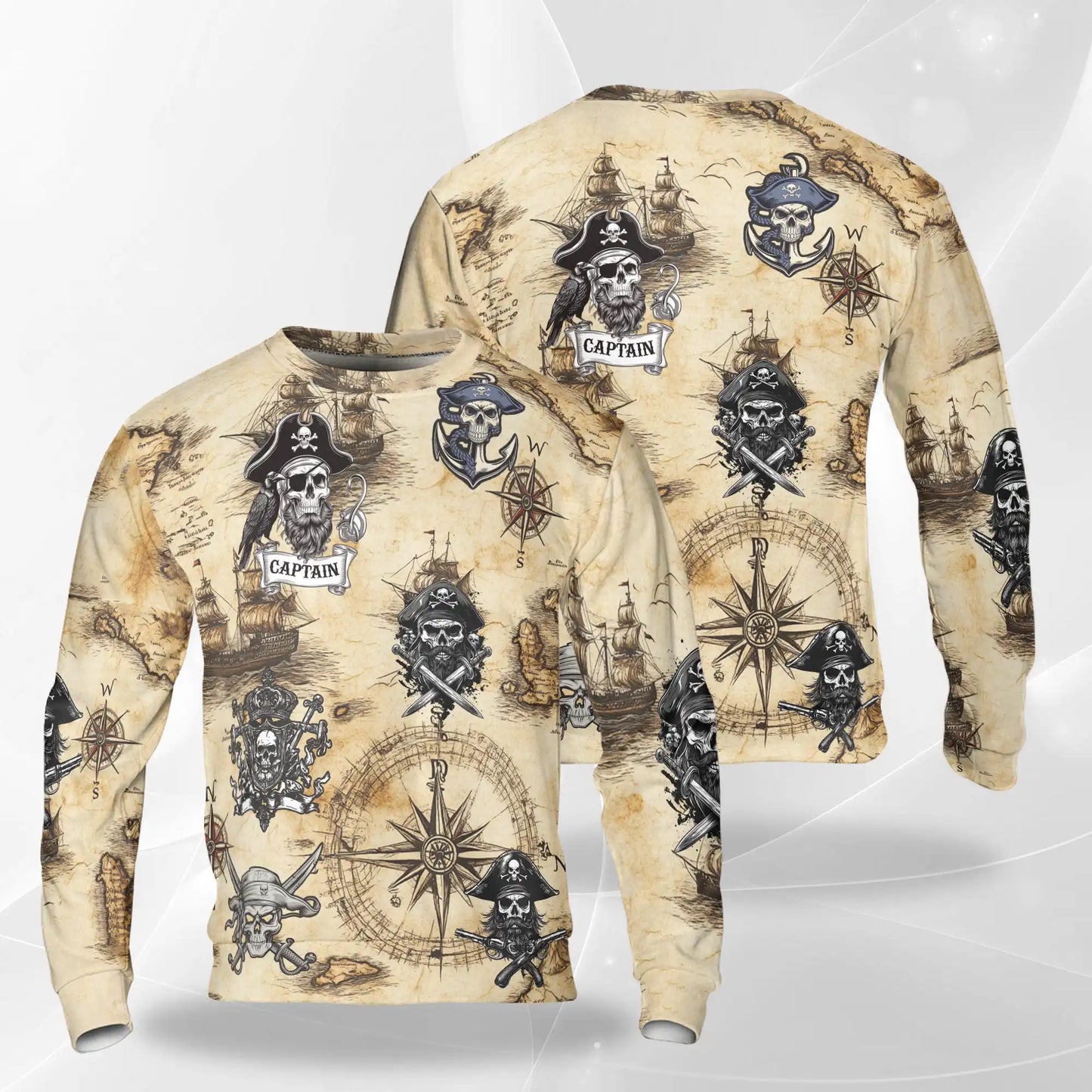 Vintage Pirate Skull Sweatshirt, 3D All Over Print Retro Pirate Crewneck Pullover for Men Women, Pirate Skull Lover Gift - Netecom
