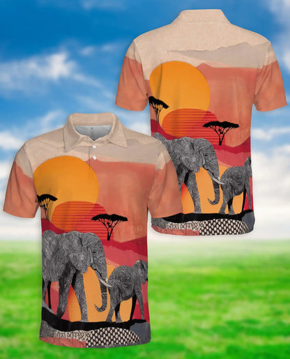 African Elephant Polo Shirt – Safari Sunset Wildlife Print | Netecom