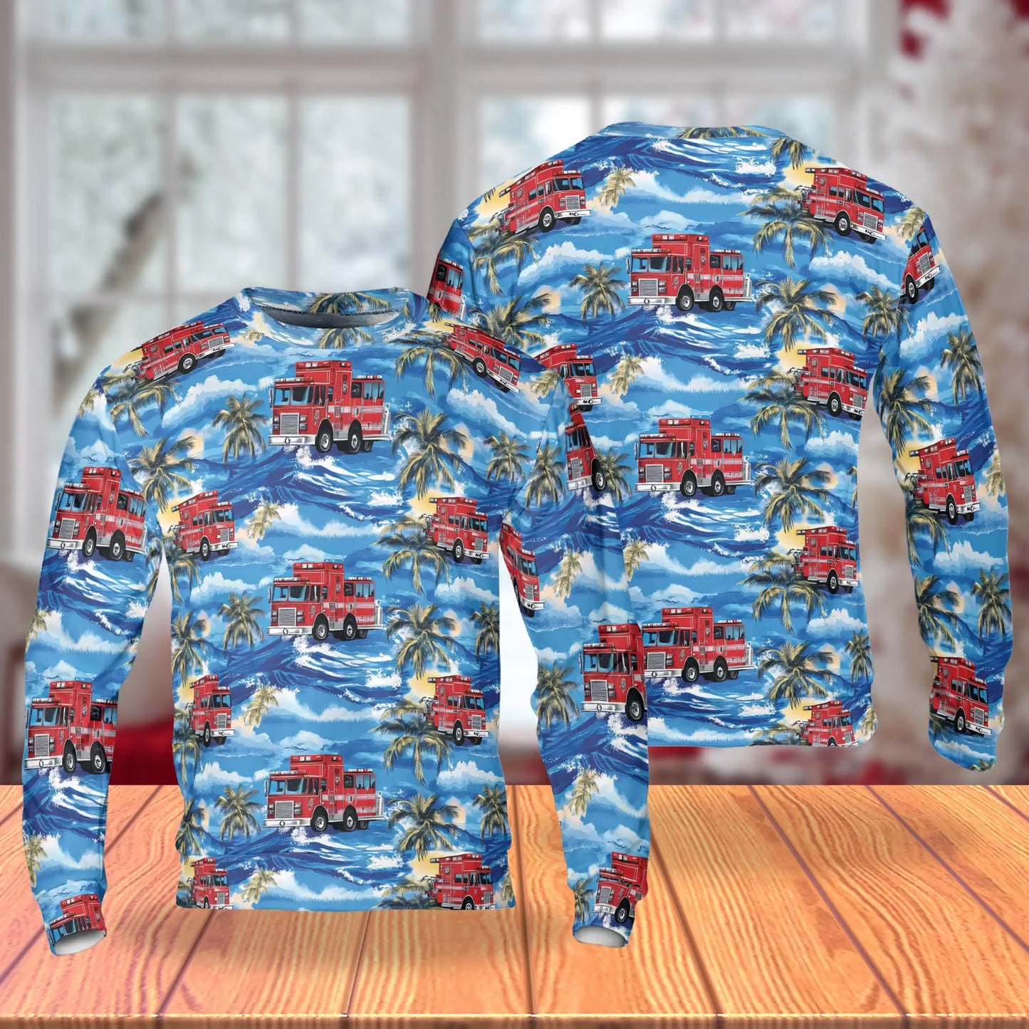Firefighter Truck Blue Palm Tree Sweatshirt, 3D All Over Print Rescue Vehicle Tropical Crewneck Pullover for Men Women, Firefighter Gift - Netecom
