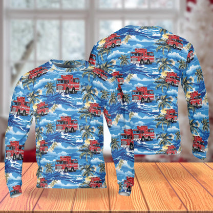 Firefighter Truck Blue Palm Tree Sweatshirt, 3D All Over Print Rescue Vehicle Tropical Crewneck Pullover for Men Women, Firefighter Gift - Netecom