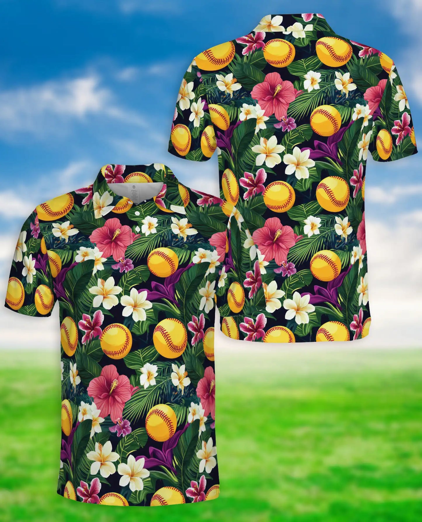 Softball Tropical Polo Shirt for Men- Floral Softball Pattern | Netecom