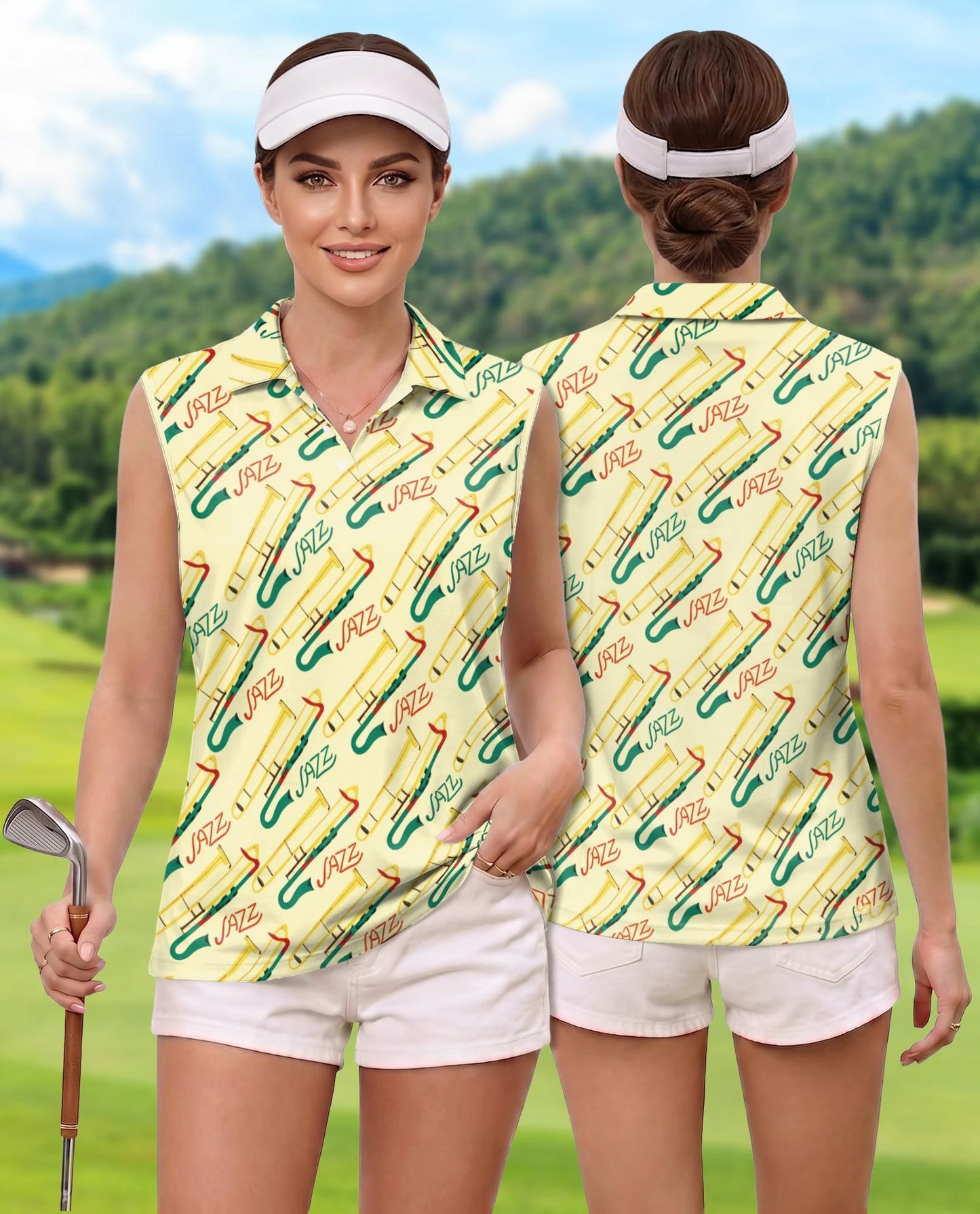 Jazz Music Instrument Pattern Sleeveless Polo Shirt for Women | Netecom