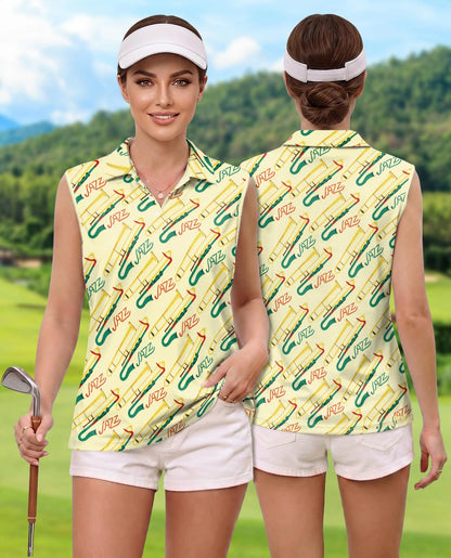 Jazz Music Instrument Pattern Sleeveless Polo Shirt for Women | Netecom