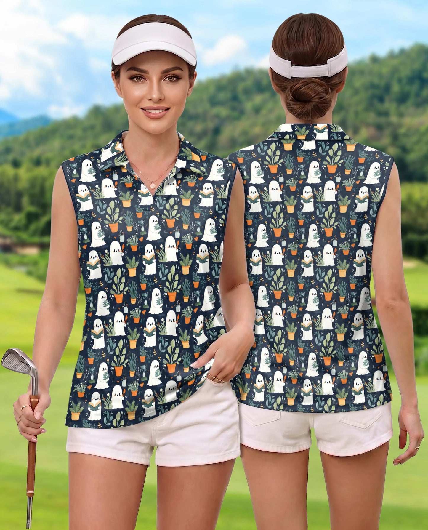 Cute Ghost Holding Plants Pattern Sleeveless Polo Shirt for Women | Netecom