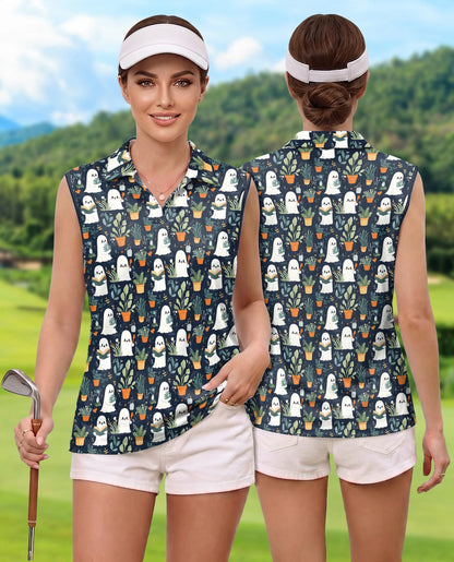 Cute Ghost Holding Plants Pattern Sleeveless Polo Shirt for Women | Netecom