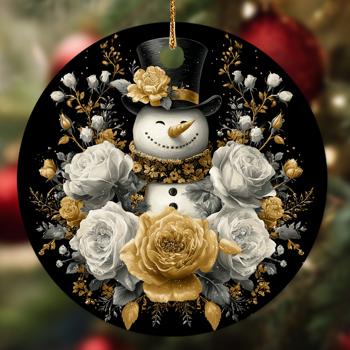 Netecom Funny Snowman Floral Ornament, Gold and White Christmas Ceramic Ornament for Xmas Tree Hanging Decorations Gift, Home Decor, Snowman Lover Gifts, Holiday Party Present