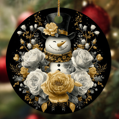Netecom Funny Snowman Floral Ornament, Gold and White Christmas Ceramic Ornament for Xmas Tree Hanging Decorations Gift, Home Decor, Snowman Lover Gifts, Holiday Party Present