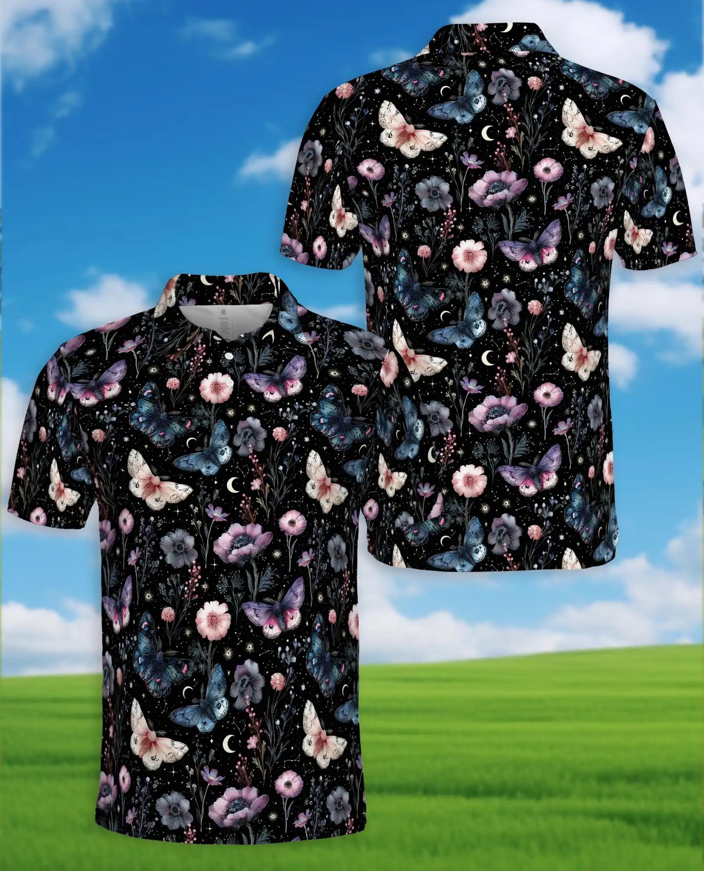 Butterfly Floral Polo Shirt - Moonlit Botanical Garden Style | Netecom