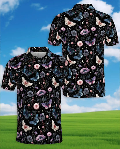 Butterfly Floral Polo Shirt - Moonlit Botanical Garden Style | Netecom