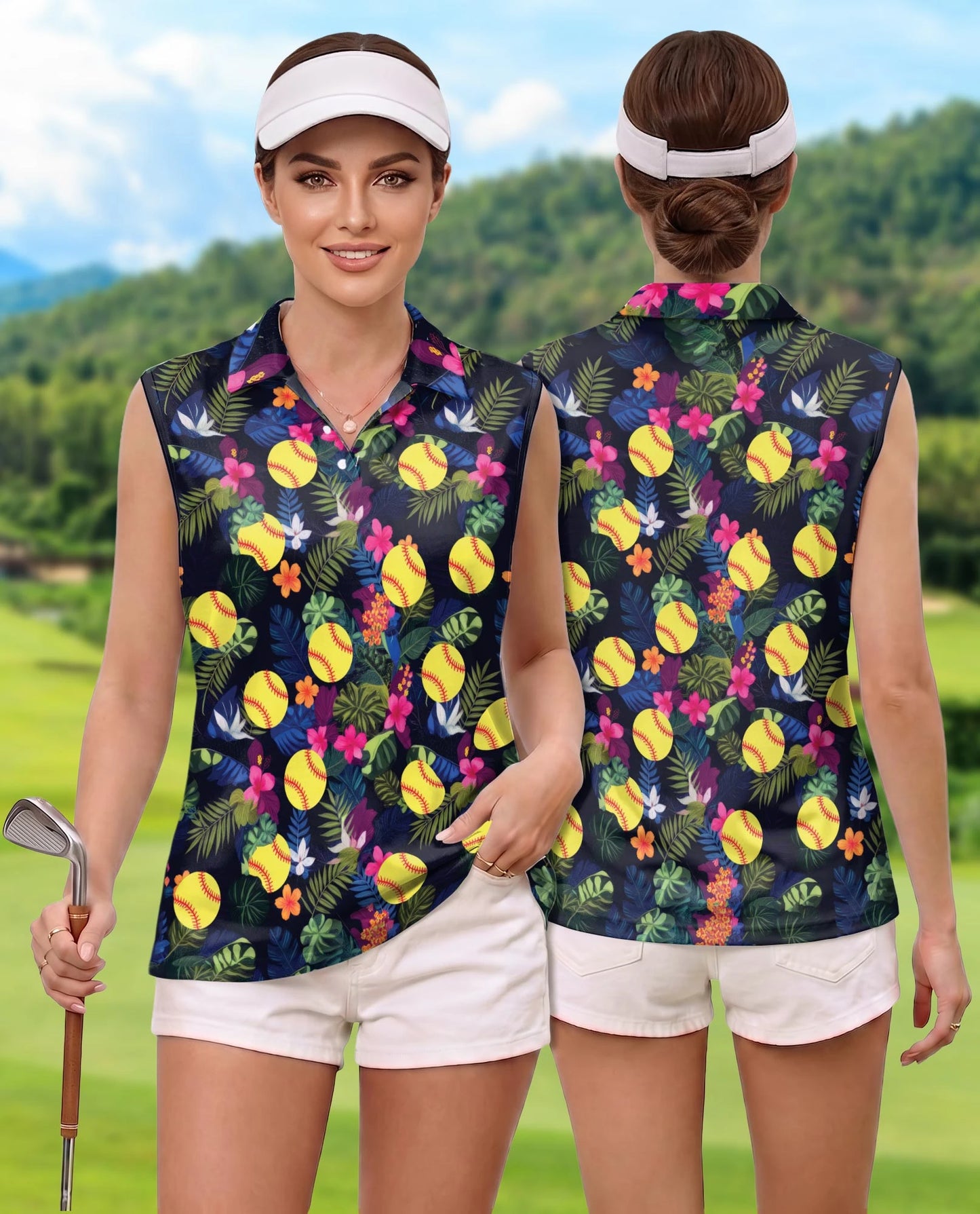 Softball Simple Hibiscus Sleeveless Polo Shirt for Women | Netecom